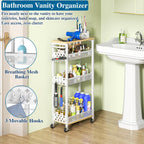 Rolling Slim Storage Cart, 4-Tier Narrow Bathroom Laundry Room Organization Cart, Metal Kitchen Storage Mobile Shelf Unit Organizer with Wood Top, Slim Utility Cart with Wheels for Small Space