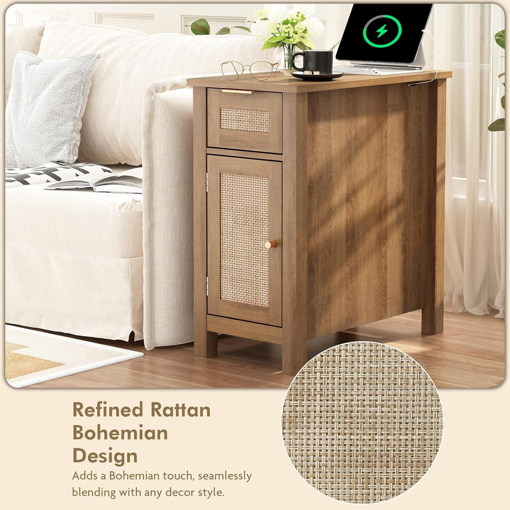 Narrow End Table with Charging Station - Midcentury Rattan Slim Side Table wi...
