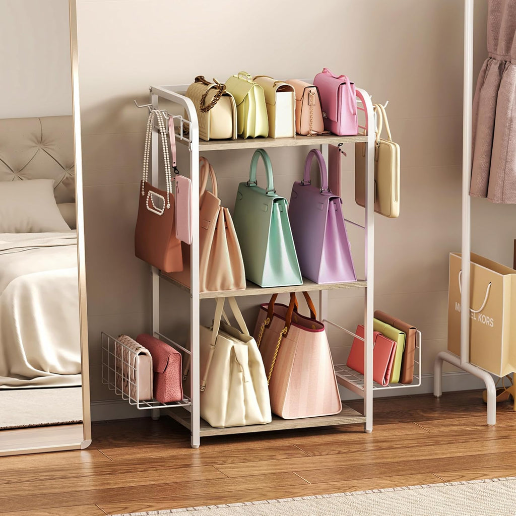 White Purse Organizer, 3-Tier Floor Standing Bag Rack Stand Featuring Side Hooks and Baskets, Adjustable Feets, High Capacity Metal & Wood Handbag Holder Design for Closet Storage, Patent Pending