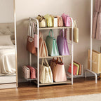 White Purse Organizer, 3-Tier Floor Standing Bag Rack Stand Featuring Side Hooks and Baskets, Adjustable Feets, High Capacity Metal & Wood Handbag Holder Design for Closet Storage, Patent Pending