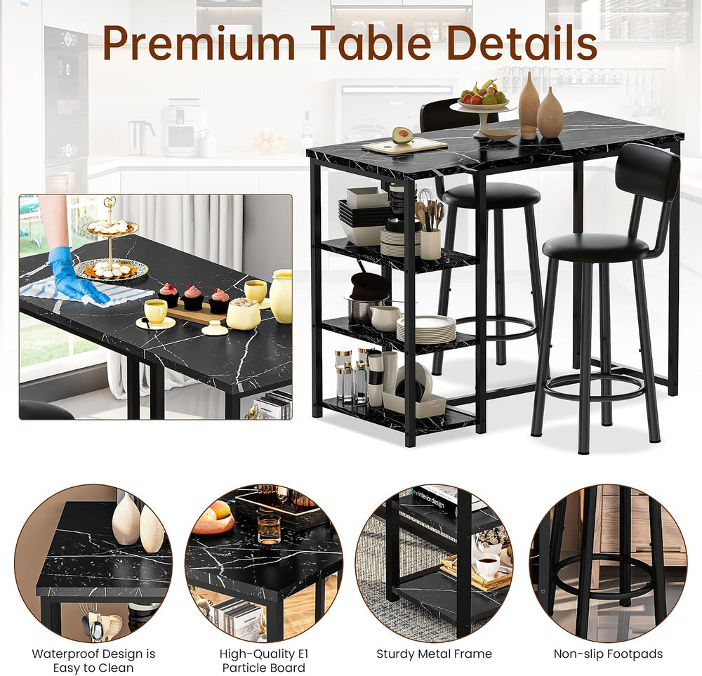 Recaceik Pub Dining Table Set for 2, Table and Bar Stools with 3 Storage Shel...