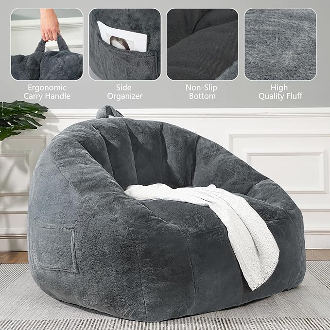 Giant Bean Bag Chair for Adults and Kids, BeanBag Couch Filler with Memory Foam, Ergonomic Faux Fur Shell-Shaped Boneless Chair and Reading Living Room, Bedroom, Grey