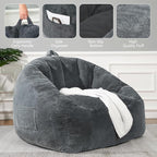 Giant Bean Bag Chair for Adults and Kids, BeanBag Couch Filler with Memory Foam, Ergonomic Faux Fur Shell-Shaped Boneless Chair and Reading Living Room, Bedroom, Grey