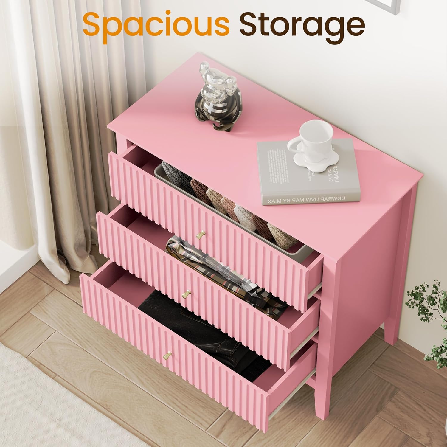 RoyalCraft Fluted 32 inch Wide Nightstand Set of 2, Large Pink Nightstand with 3 Drawer, Modern End Table, Wood Beside Table for Home and Office