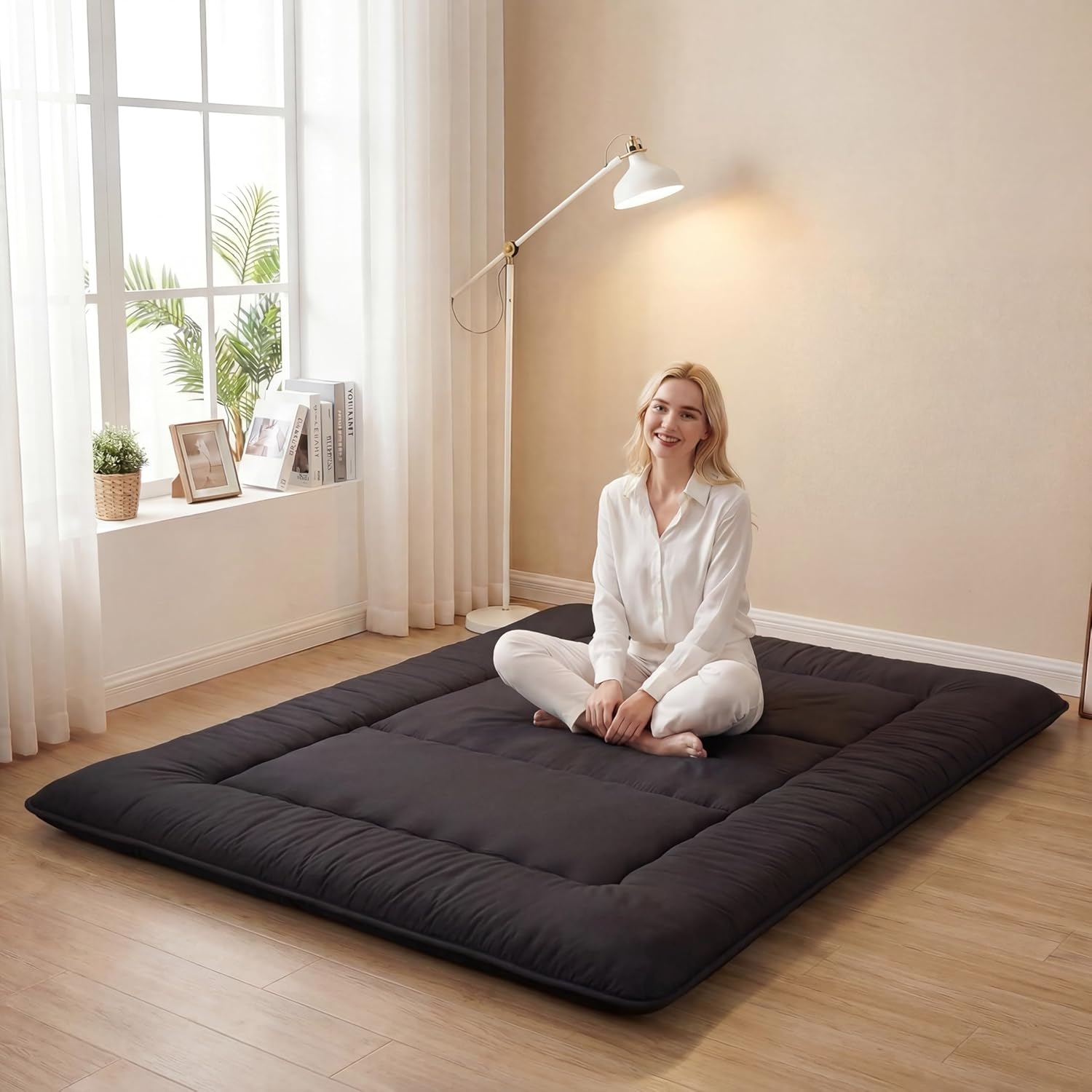 XICIKIN 2.5" Japanese Floor Mattress, Foldable Floor Mattress with Washable Cover Japanese Futon for Camping, Guest (Black, Twin)