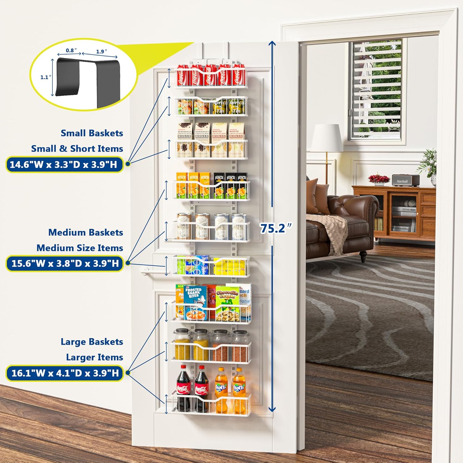 EVERIE 9-Tier Over the Door Storage Rack, Metal Hanging Organizer with Heightened Plate Bottom Baskets and Enlarged Hanging Slots, Kitchen Pantry Shelves