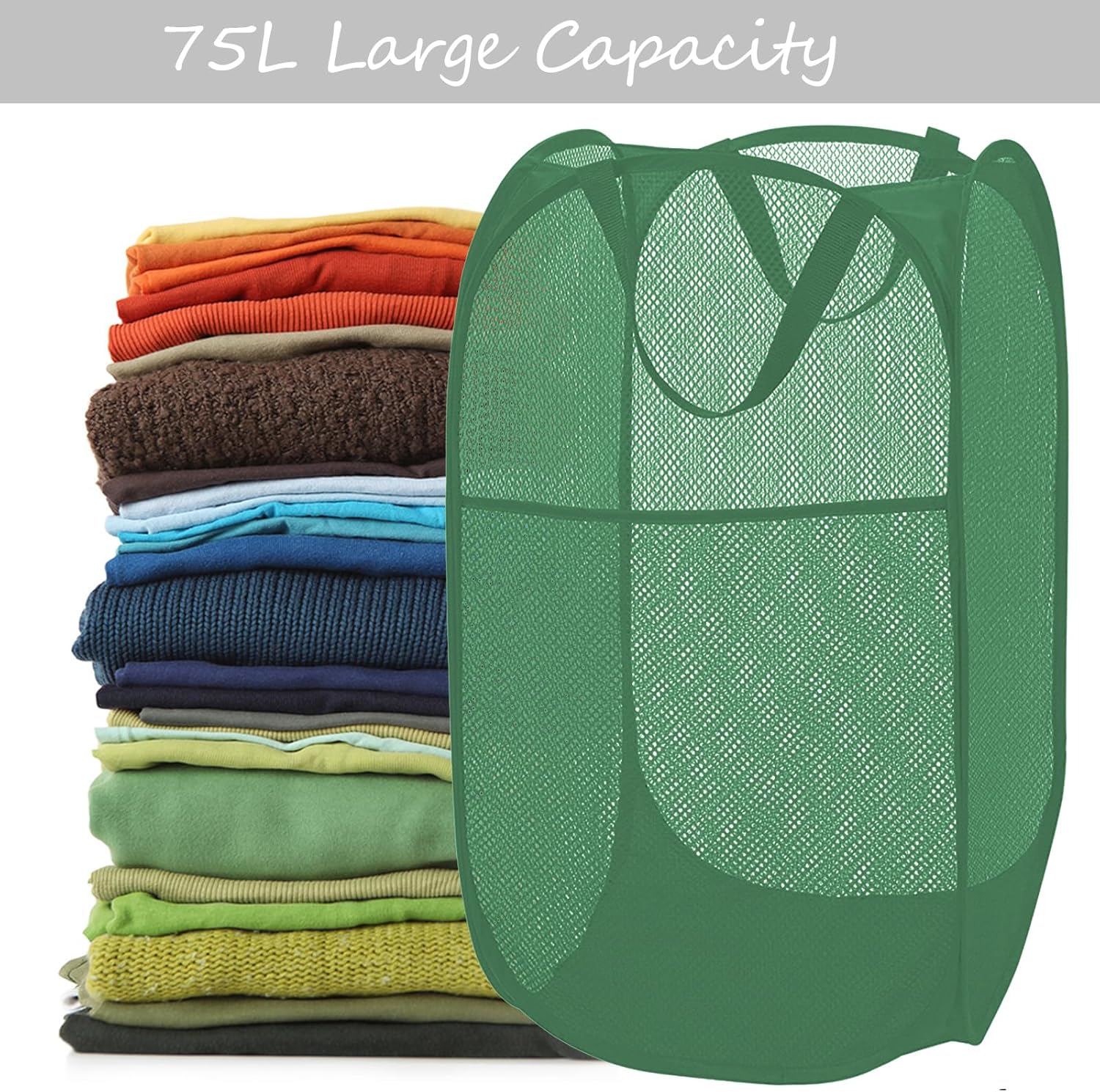 BATTOO Deluxe Strong Mesh Pop up Laundry Hamper Basket with Side Pocket for Laundry Room, Bathroom, Kids Room, College Dorm or Travel Green