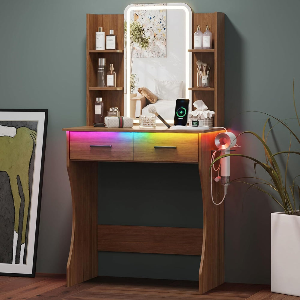 HUANLEGO Small Walnut Vanity Desk with Mirror and Lights for Women Girls | Va...