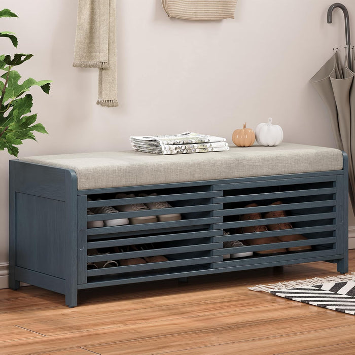 LUMISOL Shoe Bench with Storage and Cushion, Farmhouse Distressed Shutter Storage Bench with Retro Charm for Living Room, Entryway, Navy