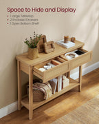 VASAGLE Console Sofa Table, Narrow Entryway Table, 2 Drawers, Open Storage Shelf, Rounded Corners, for Living Room, Boho Style, Oak Beige ULNT016YC01S