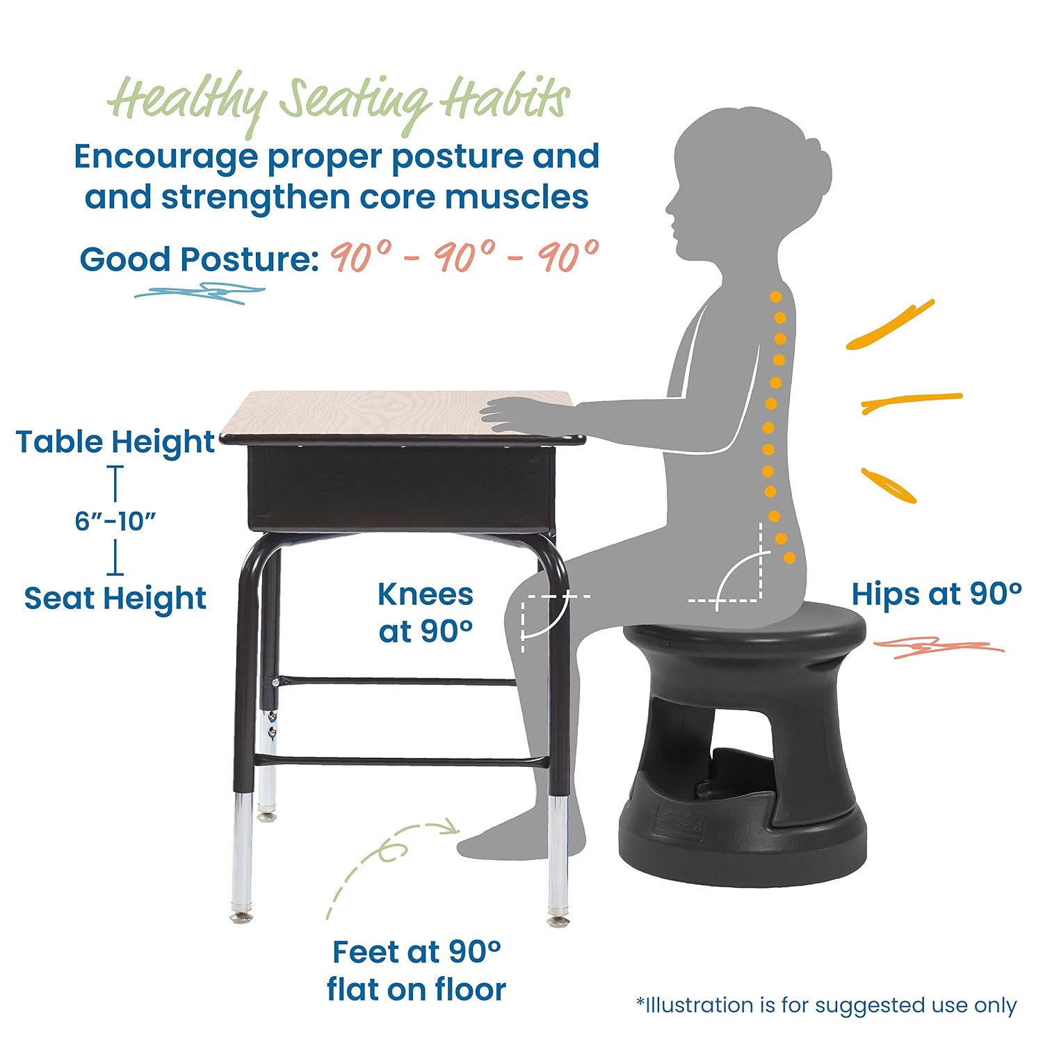 ECR4Kids Active Storage Wobble Stool, 15in Seat Height, Children's Furniture, Black