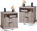 VASAGLE MAXE Collection - Set of 2 Nightstands with Charging Station, Bedside Table, Side End Table with 2 Drawers, Open Shelf, 2 AC Outlets, 2 USB Ports, Transitional, Bedroom, Washed Gray ULET926G01