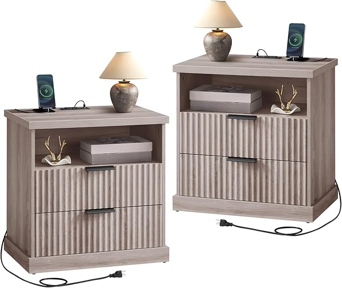 VASAGLE MAXE Collection - Set of 2 Nightstands with Charging Station, Bedside Table, Side End Table with 2 Drawers, Open Shelf, 2 AC Outlets, 2 USB Ports, Transitional, Bedroom, Washed Gray ULET926G01