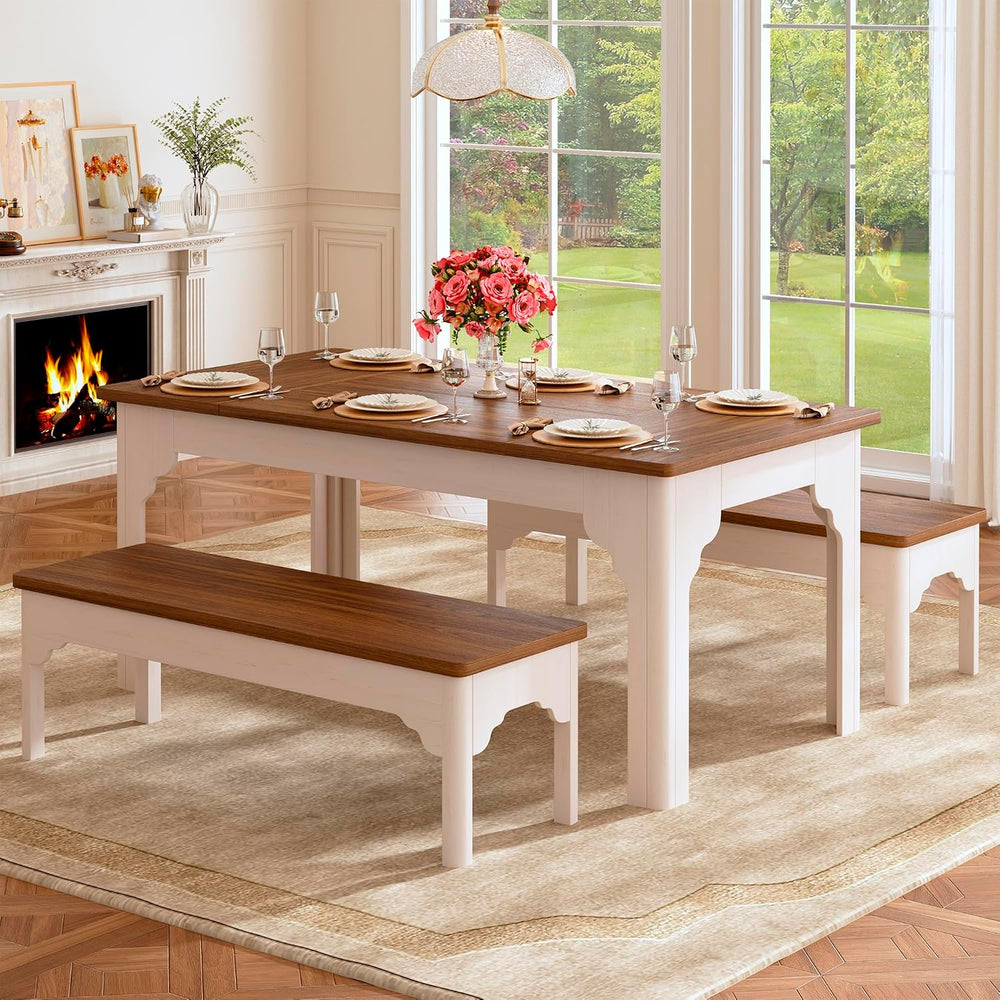 HUAHUU 63" Farmhouse Dining Table Set for 4-6, Kitchen Table with 2 Benc...