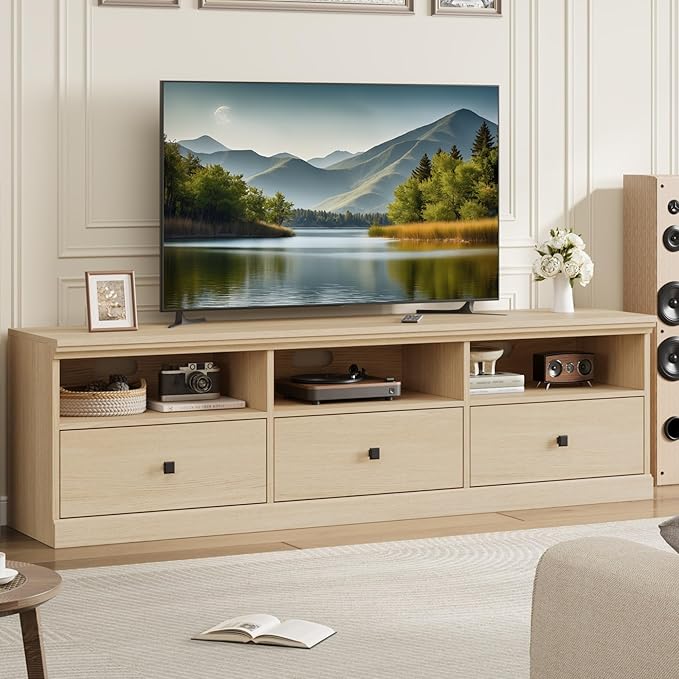 IDEALHOUSE 70in TV Stand for TVs up to 80", Mid Century Modern Entertainment Center with Storage Drawer and Open Shelves, TV Console Media Cabinet for Living Room, Bedroom, Light Oak