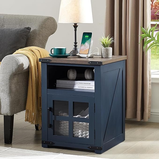 Farmhouse Nightstand with Charging Station, Rustic End Table with Tempered Gl...
