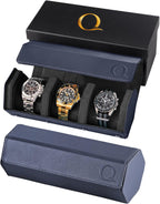 QWATCHBANDS Napa Leather Watch Rolls for Men - Hexagon Triple Watch Roll Travel Case for 3 Watches - Storage Organizer Genuine Leather with Velvet Interior Display (Blue/Black)