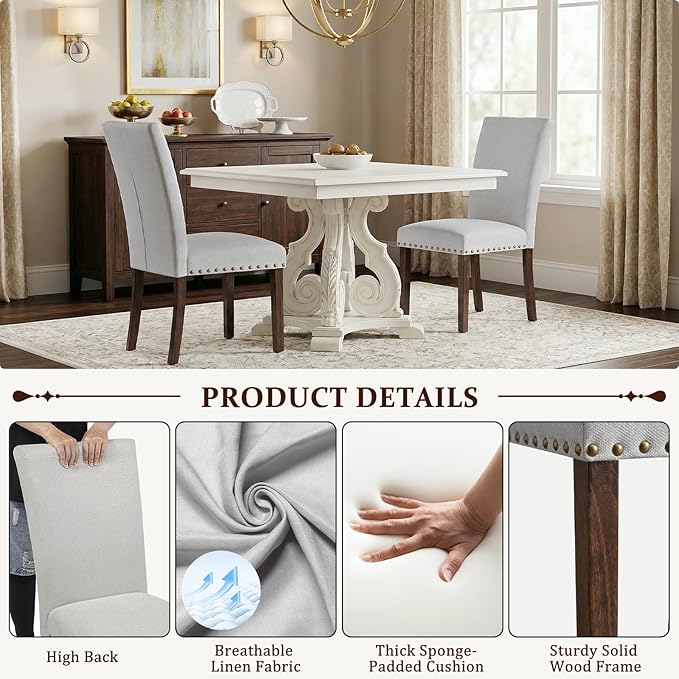 Furniliving Upholstered Dining Chairs Set of 6 - Line Fabric Modern Farmhouse Kitchen Chairs, High-Back Dining Room Chairs with Wooden Legs for Kitchen Dining Room Living Room.Light Grey