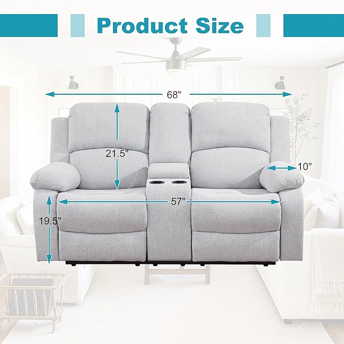 Recliner Sofa Set Couches for Living Room Chair Line Fabric Living Room Furniture Sets, Adjusted Loveseat Reclining Couch Furniture Sofa Set for Theater Seating, Grey White