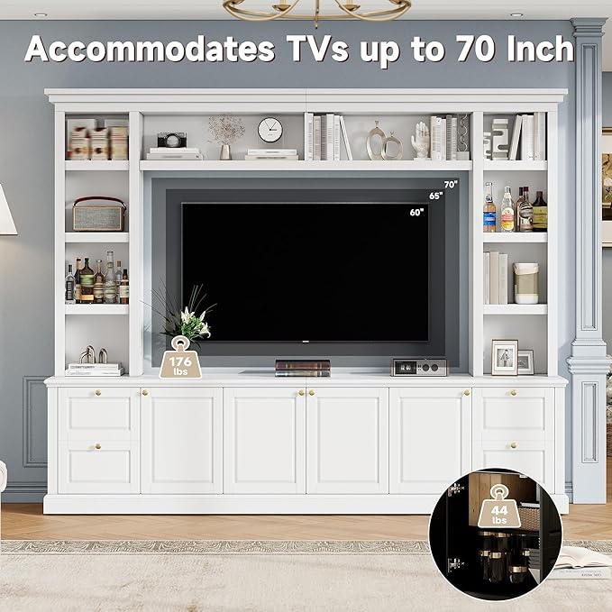 Marzzi Wall Unit TV Stand TVs up to 70", Modern Entertainment Center with 6 Doors Storage Cabinets, Bridge and Bookshelves, Large Media Console, Adjustable Shelves, Painted Finish