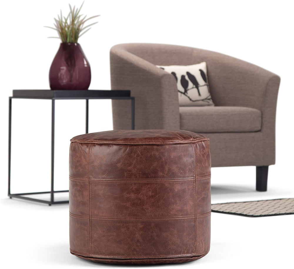 SIMPLIHOME Connor 18" Wide Round Pouf in Distressed Brown Genuine Leathe...