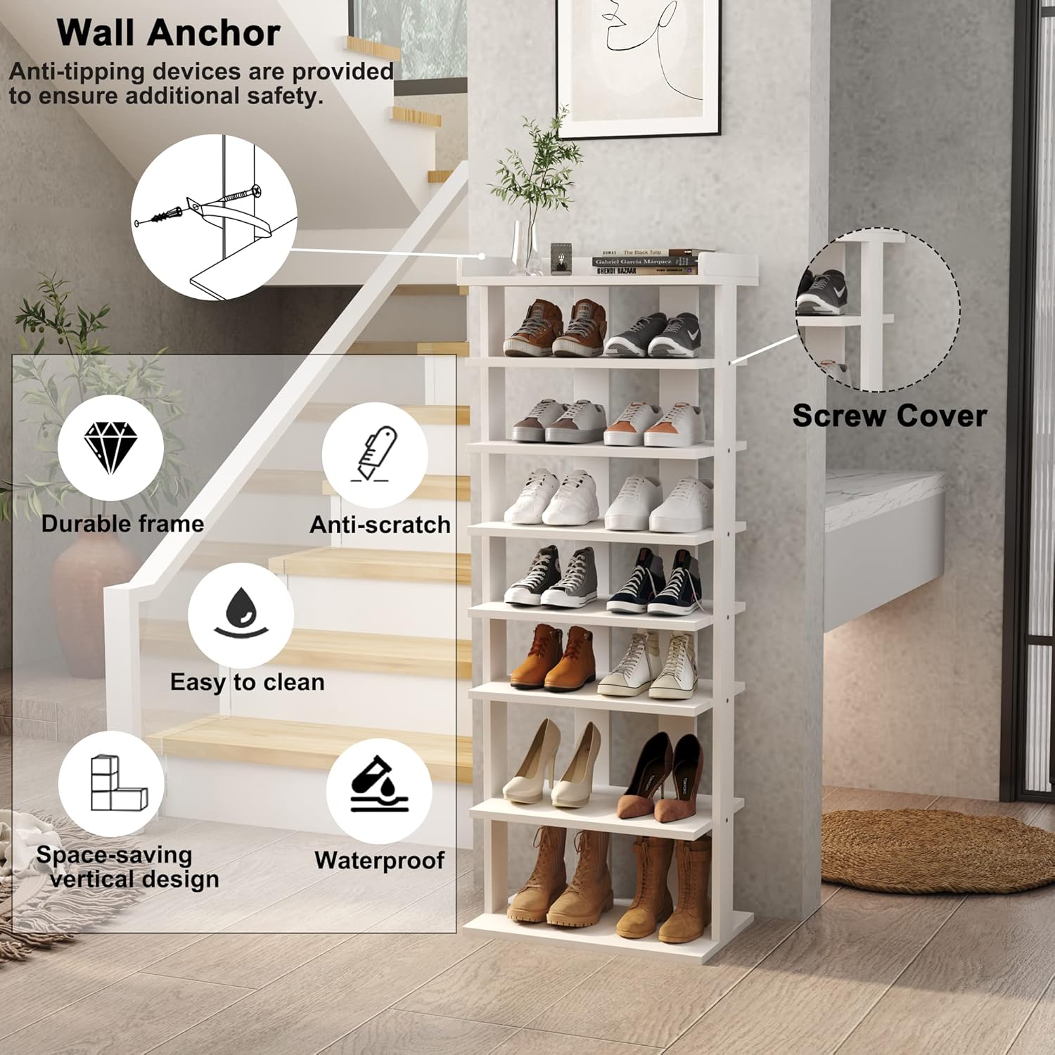 HOMEFORT 7-Tier Wood Shoe Rack, Double Rows 7-Tier Shoe Shelf, Shoe Storage Stand, Entryway Shoe Tower, Vertical Shoe Organizer Perfect for Narrow Closet, Entryway, Hallway, Bedroom in White
