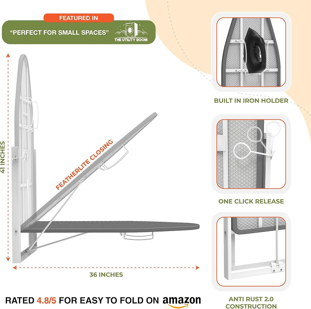 Xabitat Wall Mounted Ironing Board with Iron Holder, 36.2" X 12.2" Compact Mount Fold Down Ironing Board for Small Spaces, Space Saving with Cotton Fabric Cover, Green and Grey