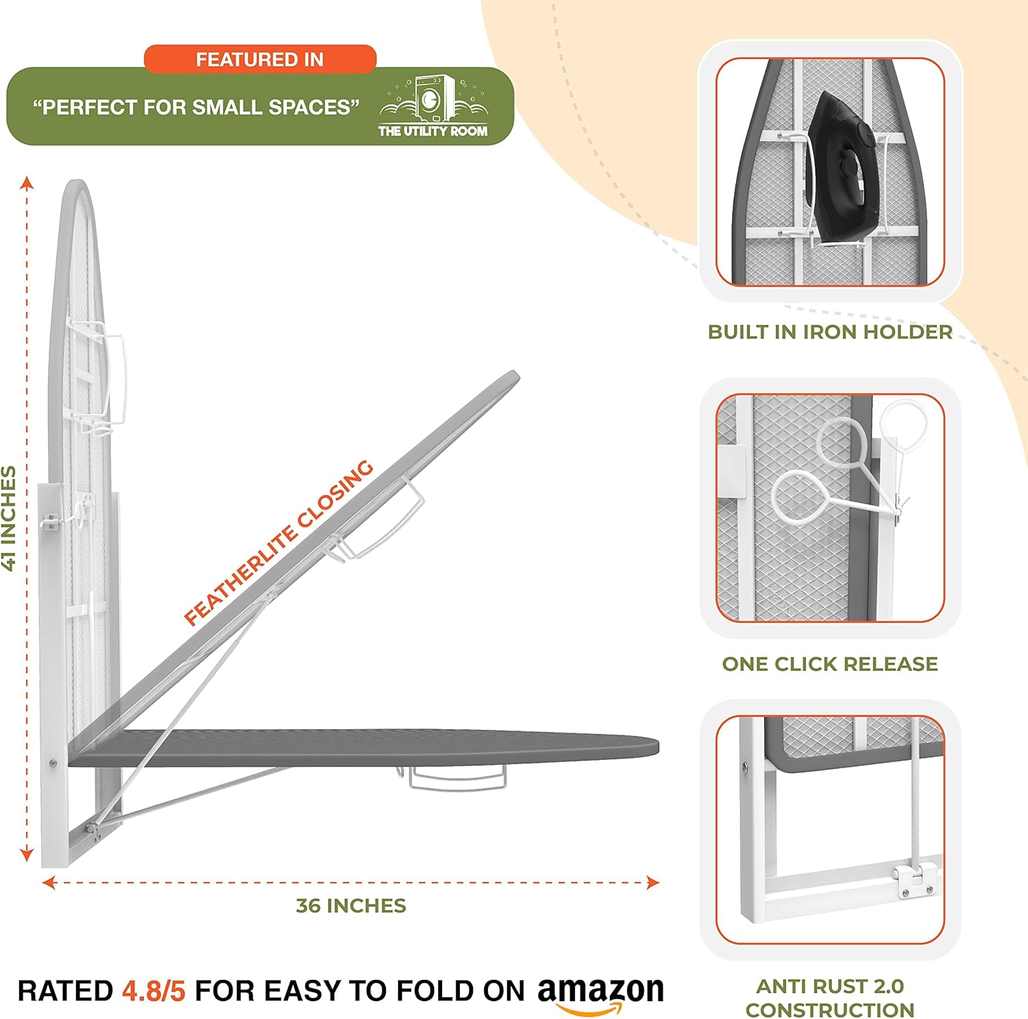 Xabitat Wall Mounted Ironing Board with Iron Holder, 36.2" X 12.2" Compact Mount Fold Down Ironing Board for Small Spaces, Space Saving with Cotton Fabric Cover, Green and Grey