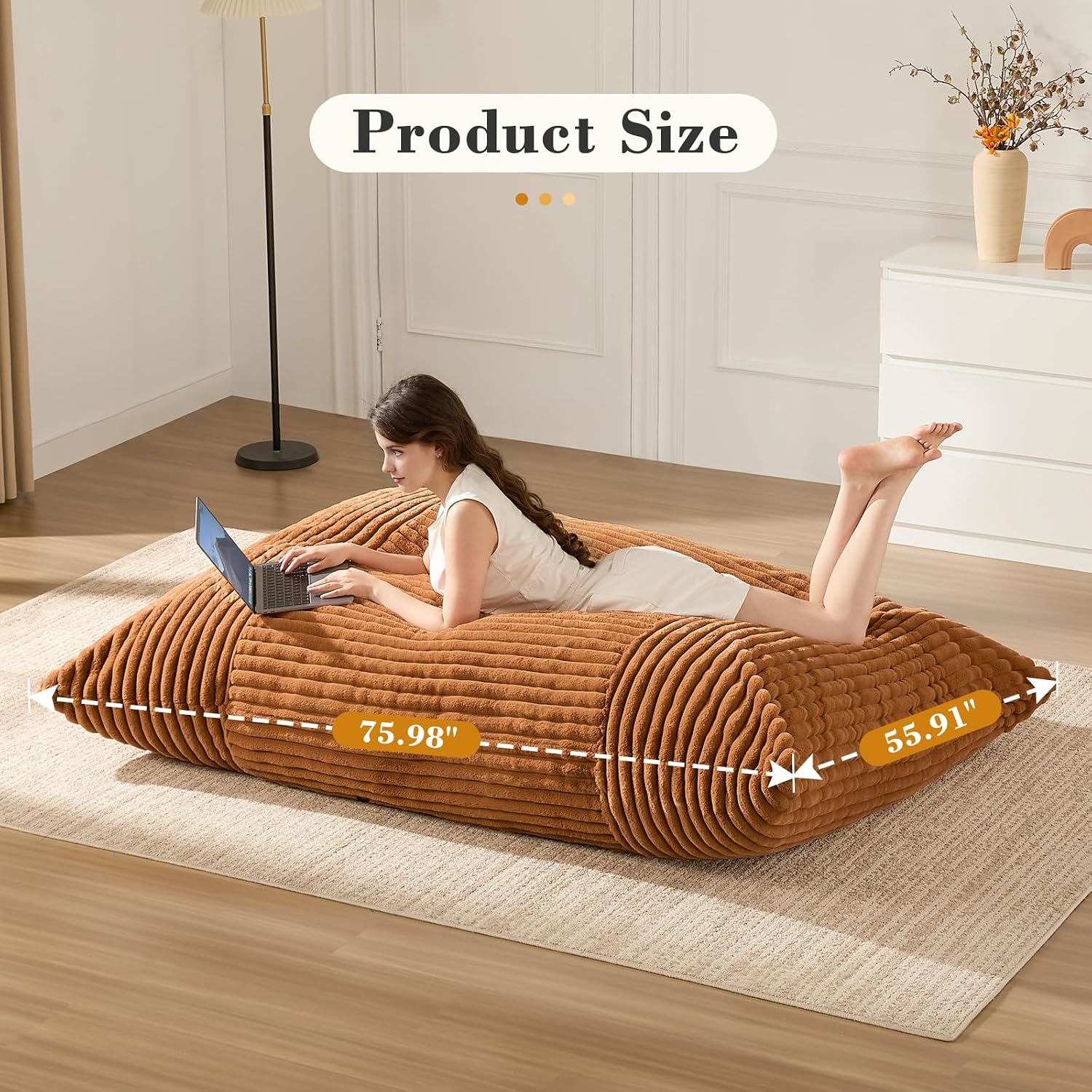 3-in-1 Giant Bean Bag Chair for Adults & Kid, Convertible Floor Sofa to Mattress, High-Density Foam Chair Bed with Washable Cover, Multi Functional Lounge Couch for Bedroom, Living Room (Orange)