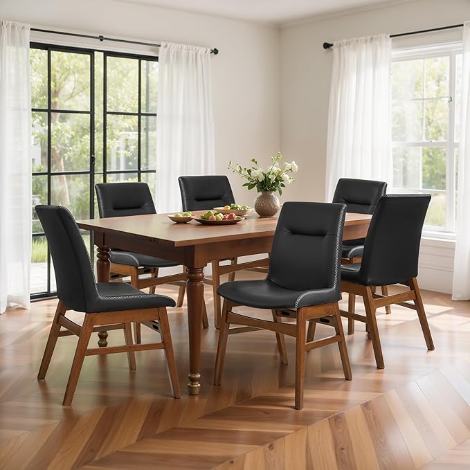 SyMax Dining Chairs Set of 6, Faux Leather Dining Room Chairs with Stitched Edge Trim and Sturdy Wood Legs, Modern High-End Kitchen Side Chairs for Bedroom, Living Room, Black