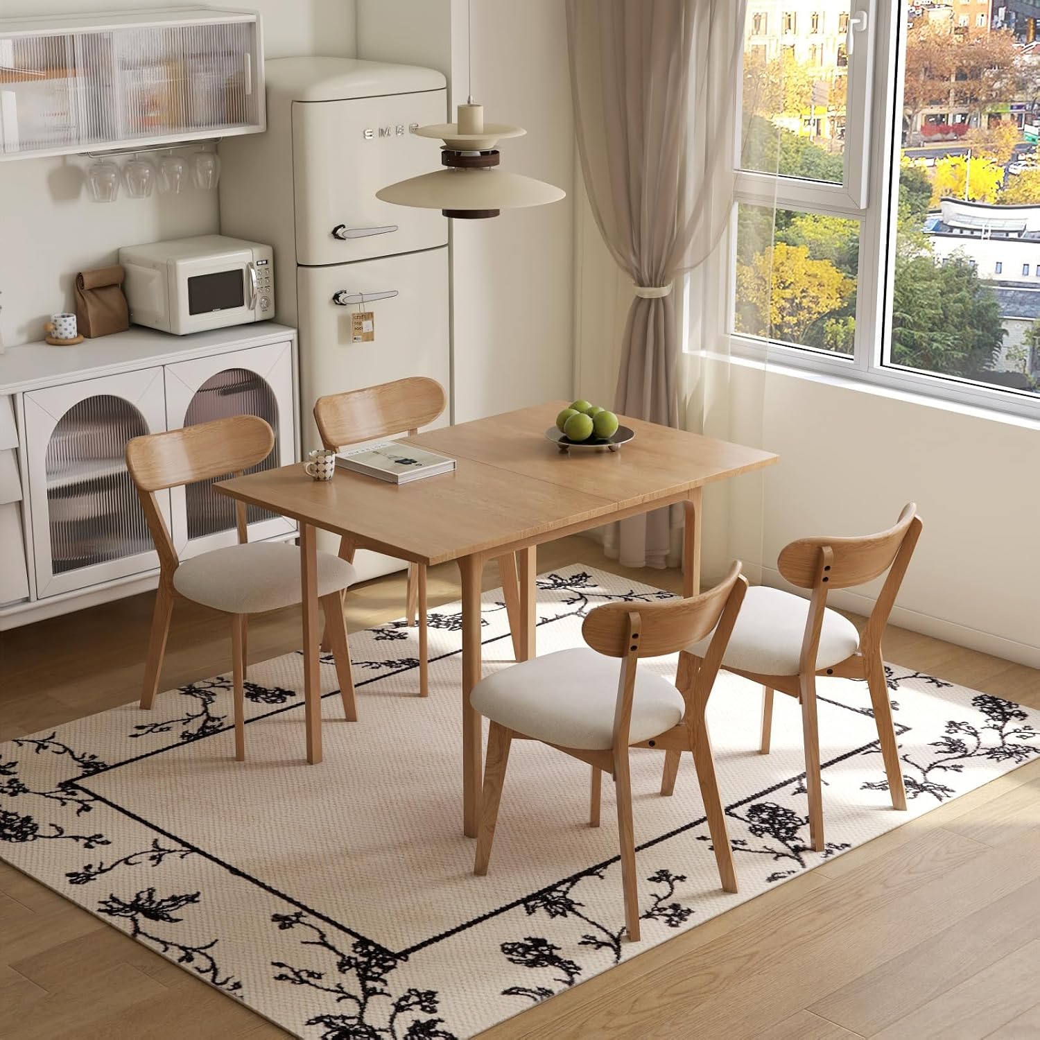 31"-47" Foldable Dining Table and Chairs Set for 4, Solid Wood Extendable Kitchen Table with Oak Wood Legs, Space-Saving Dinner Tables for Living Room, Kitchen (Original, 1table+4cushion chairs)