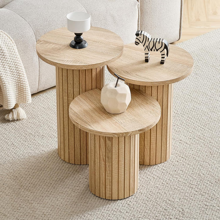 Round Nesting Coffee Table Set of 3 Mid Century Modern Wood Round Coffee Tables with Flexible Small Boho Circle End Table for Space Saving Living Room Comedor Home Office Bedroom(Natural)