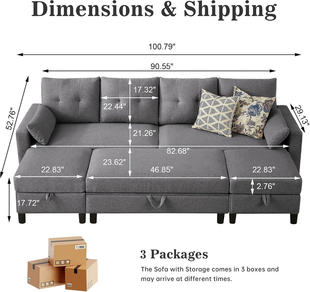 101" Convertible Sectional Sofa with Ottoman Coffee Table, Modern Linen ...