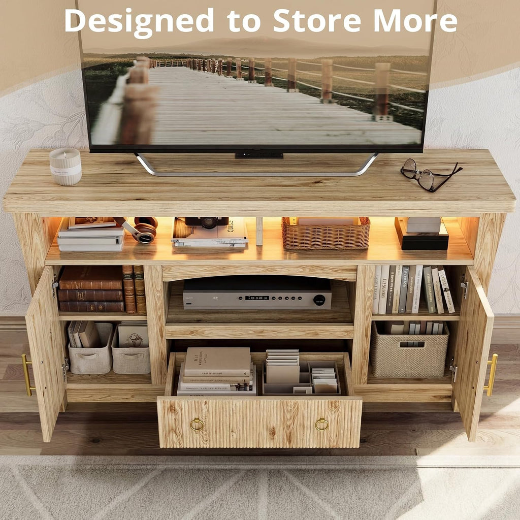 LIKIMIO TV Stand for 65 inch TVs, Entertainment Center with Power Outlet | 2 Storage Cabinets and Drawer. 60,000-color LED with Remote and APP Control. Cable Management Hole. P2 MDF. Easy Setup.