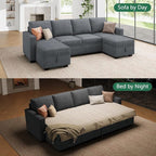 HONBAY Modular Sectional Sleeper Sofa Bed, Chenille Pull Out Couch with Storage Ottoman, U Shaped Sectional Couches for Living Room, Bluish Grey