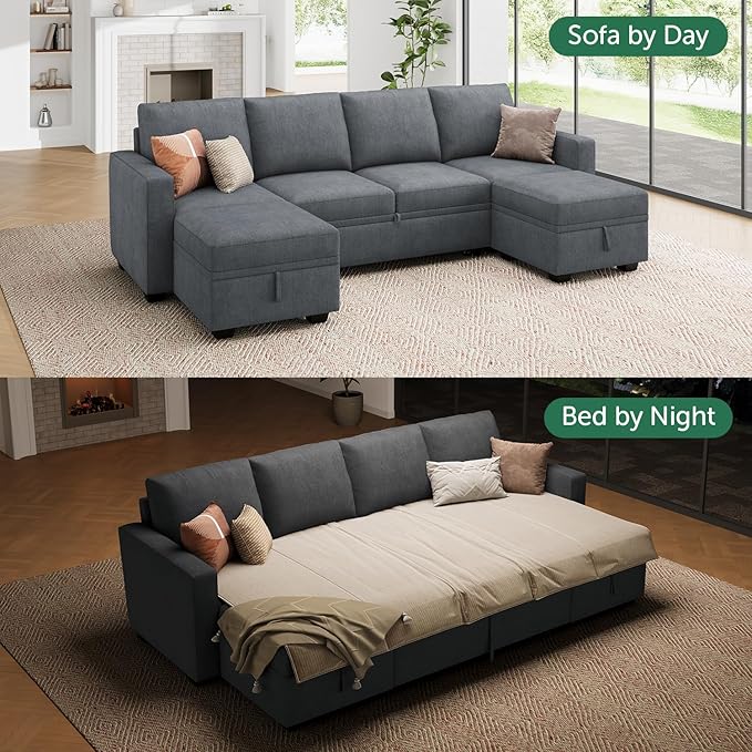 HONBAY Modular Sectional Sleeper Sofa Bed, Chenille Pull Out Couch with Storage Ottoman, U Shaped Sectional Couches for Living Room, Bluish Grey