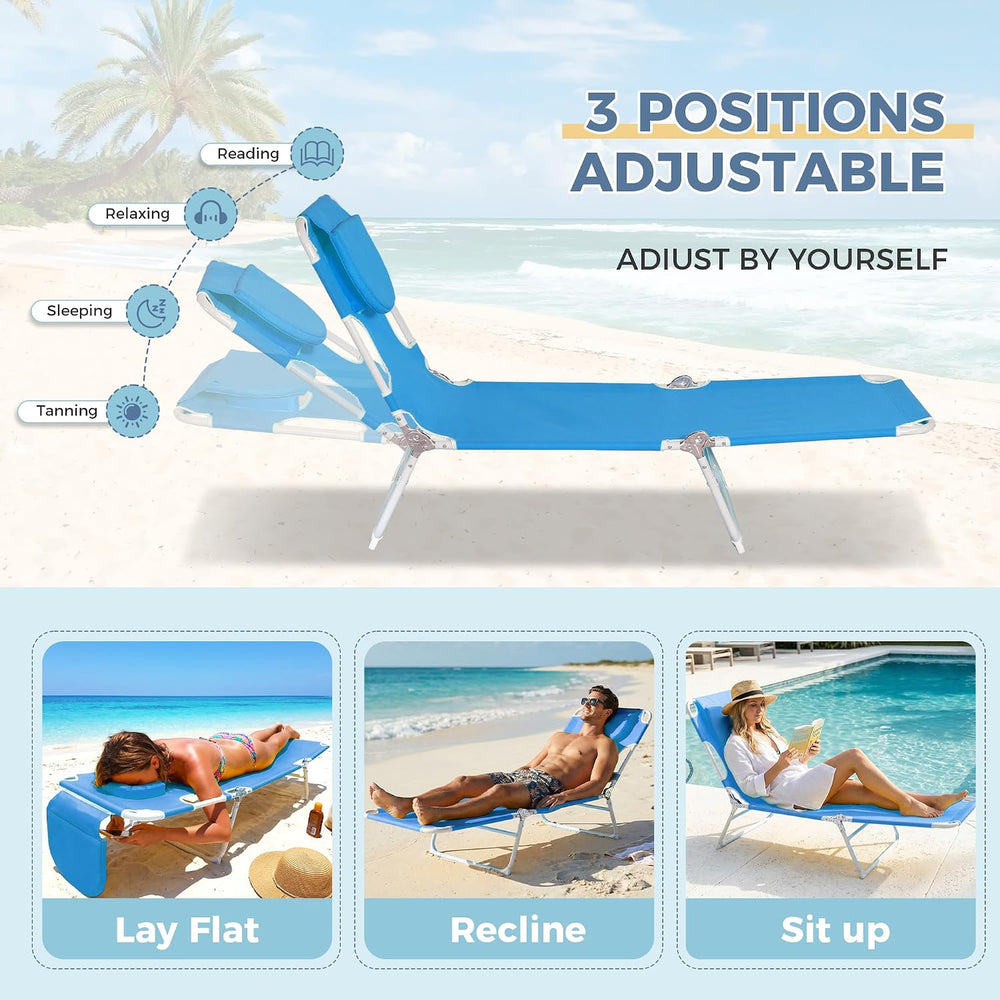 Folding Tanning Chair with Face Hole Set of 2, 3-Position Adjustable Patio Lo...