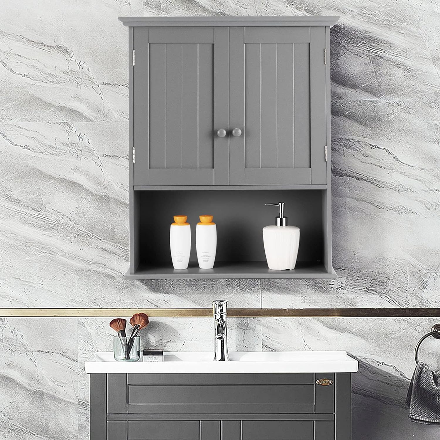 Tangkula Wall Mount Bathroom Cabinet Wooden Medicine Cabinet Storage Organizer with 2-Doors and 1-Shelf Cottage Collection Wall Cabinet (Grey)