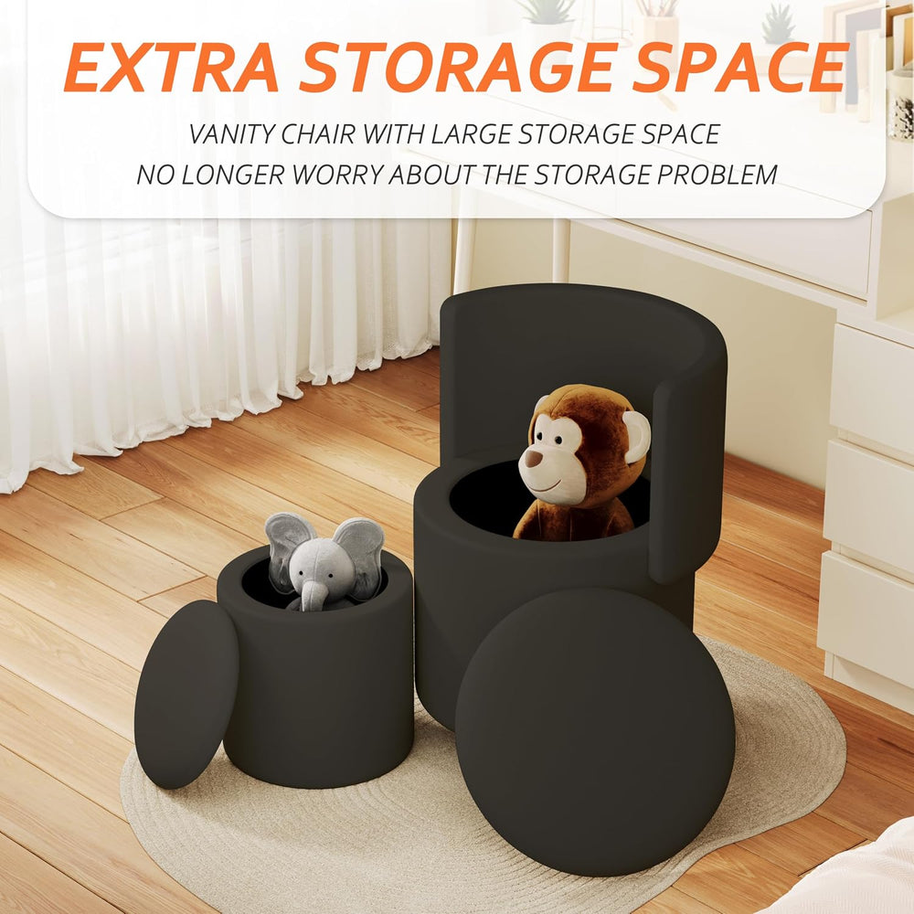Round Vanity Chair with Storage, Rolling PU Leather Swivel Work Makeup Stool ...