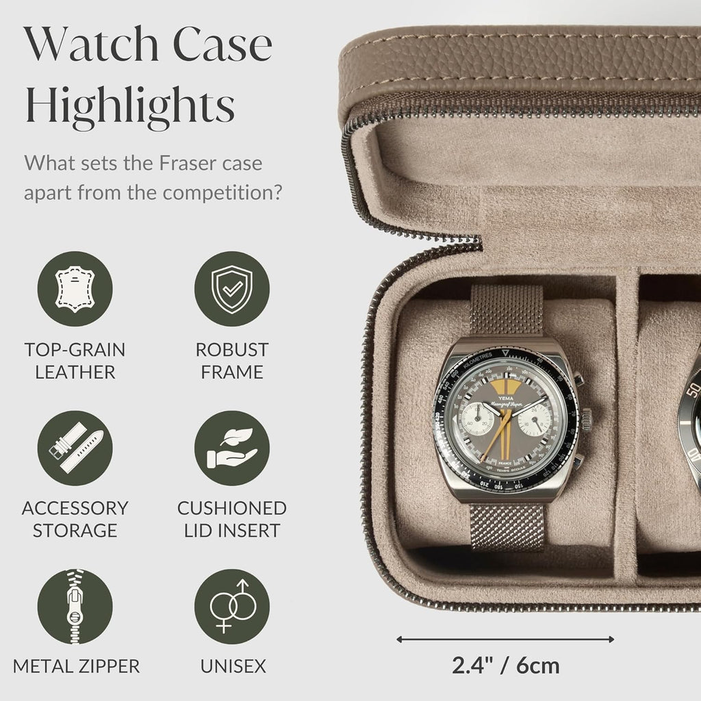 TAWBURY Luxury Leather Watch Box Unisex – Mens Travel Watch Case Zipper Closure | Taupe Top-Grain Genuine Leather Watch Travel Roll | Real Leather Watch Boxes for Men Travel | 3 Watch Carrying Case