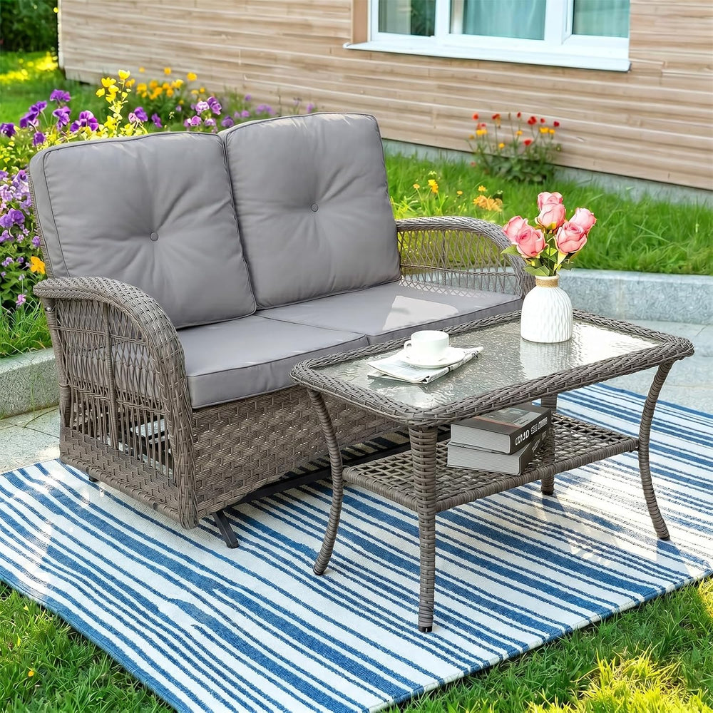 MEETWARM Outdoor Wicker Patio Glider Set, Loveseat for 2 Person Porch Furnitu...