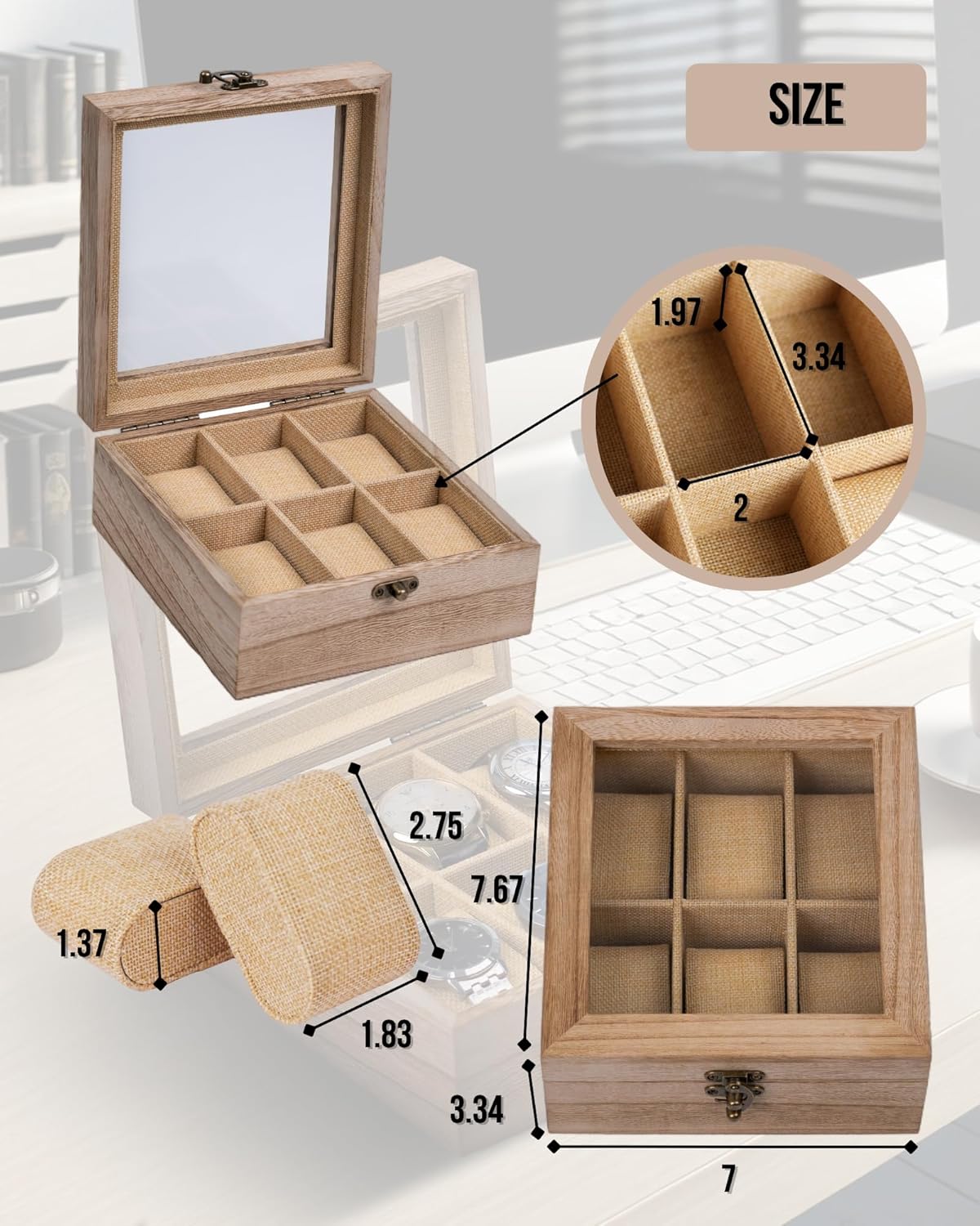 Watch Box, Watch Case for Men Women with Large Glass Lid, Wooden Watch Display Storage Box with 6 - Slots, Weathered Wood Mens Watch Box Organizer
