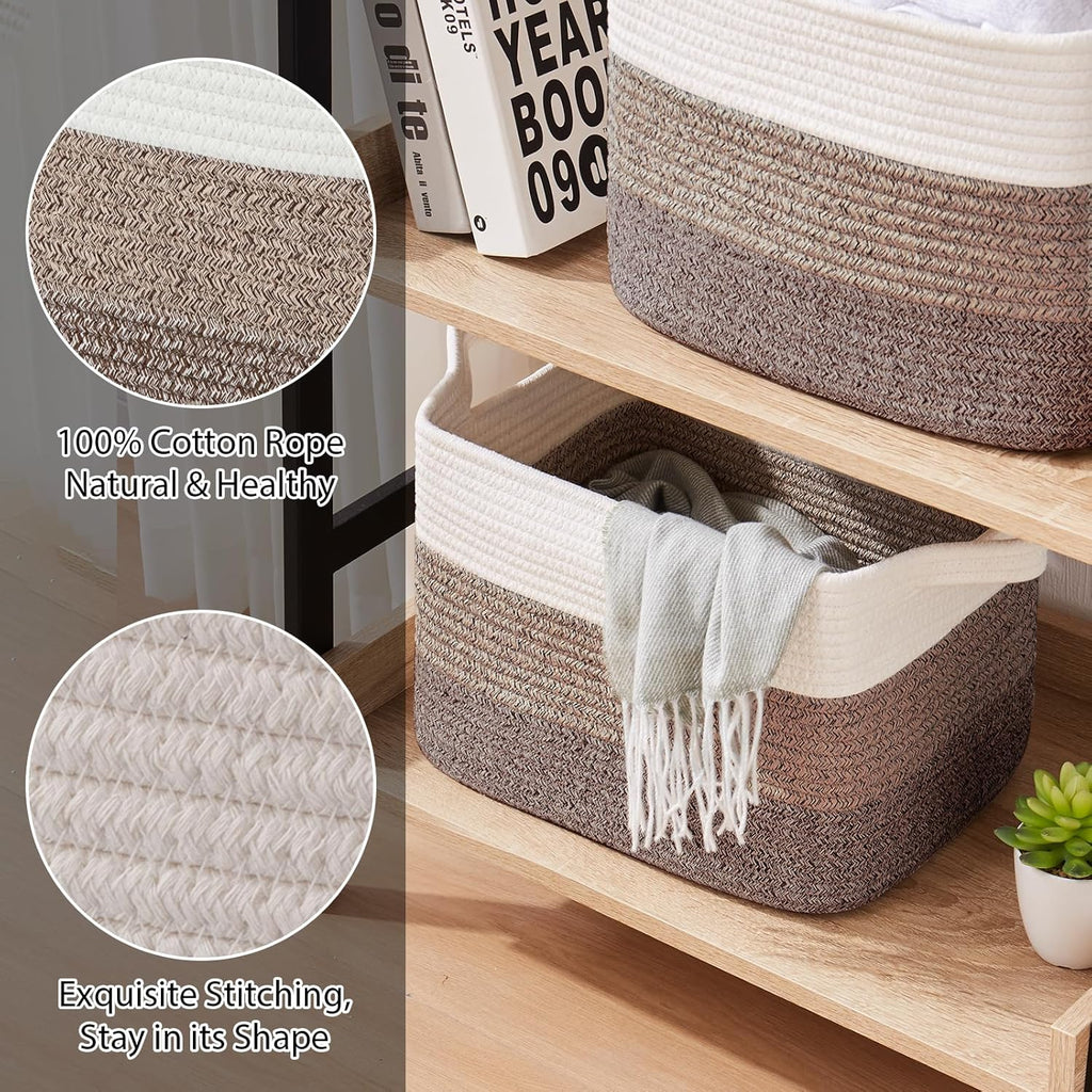Storage Basket for Organizing, Woven Baskets for Storage, Rectangle Decorative Baskets for Shleves, Closet, Toys, Book, Nursery Organizer Bins - Pack of 3 (Gradient Dark Brown, 13"x9.85"x8.7")
