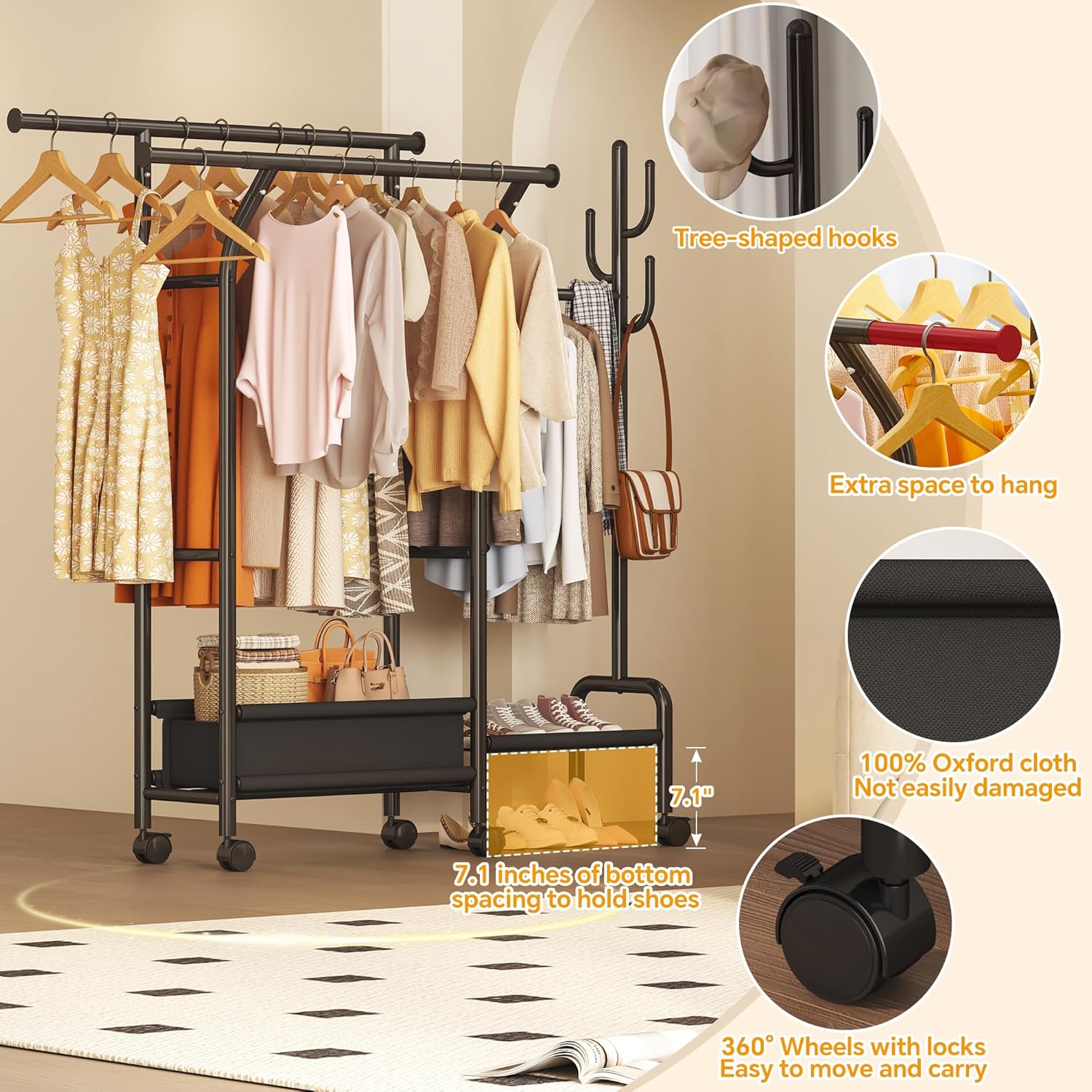 Homeiju Heavy Duty Clothes Rack Load 500LBS, Three Rods Clothing Racks for Hanging Clothes Extendable, Rolling Garment Rack with Sturdy Wheels, Basket, Storage Shelves, Black