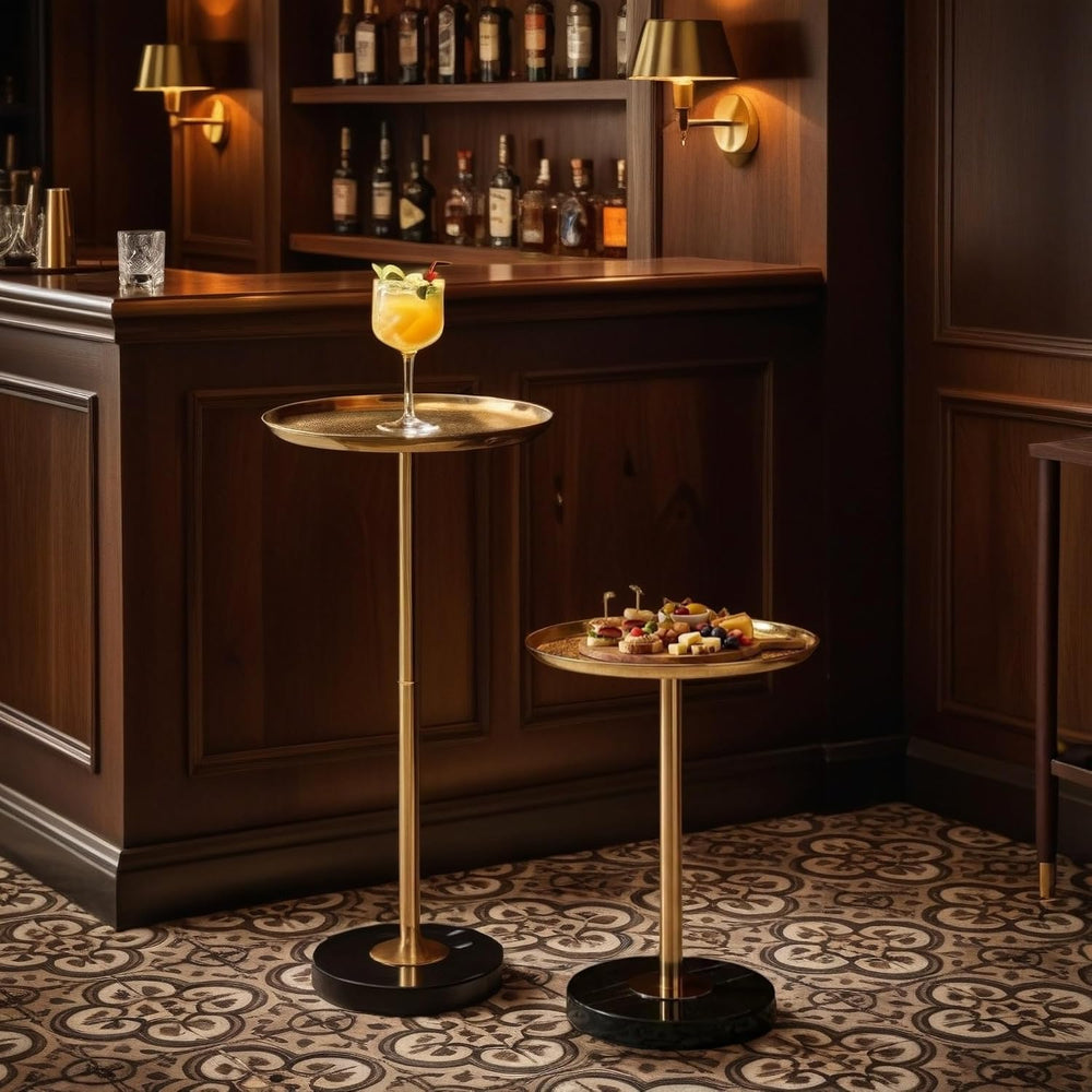 Adjustable Martini Side Table – Small Round Drink Table with Natural Marble B...