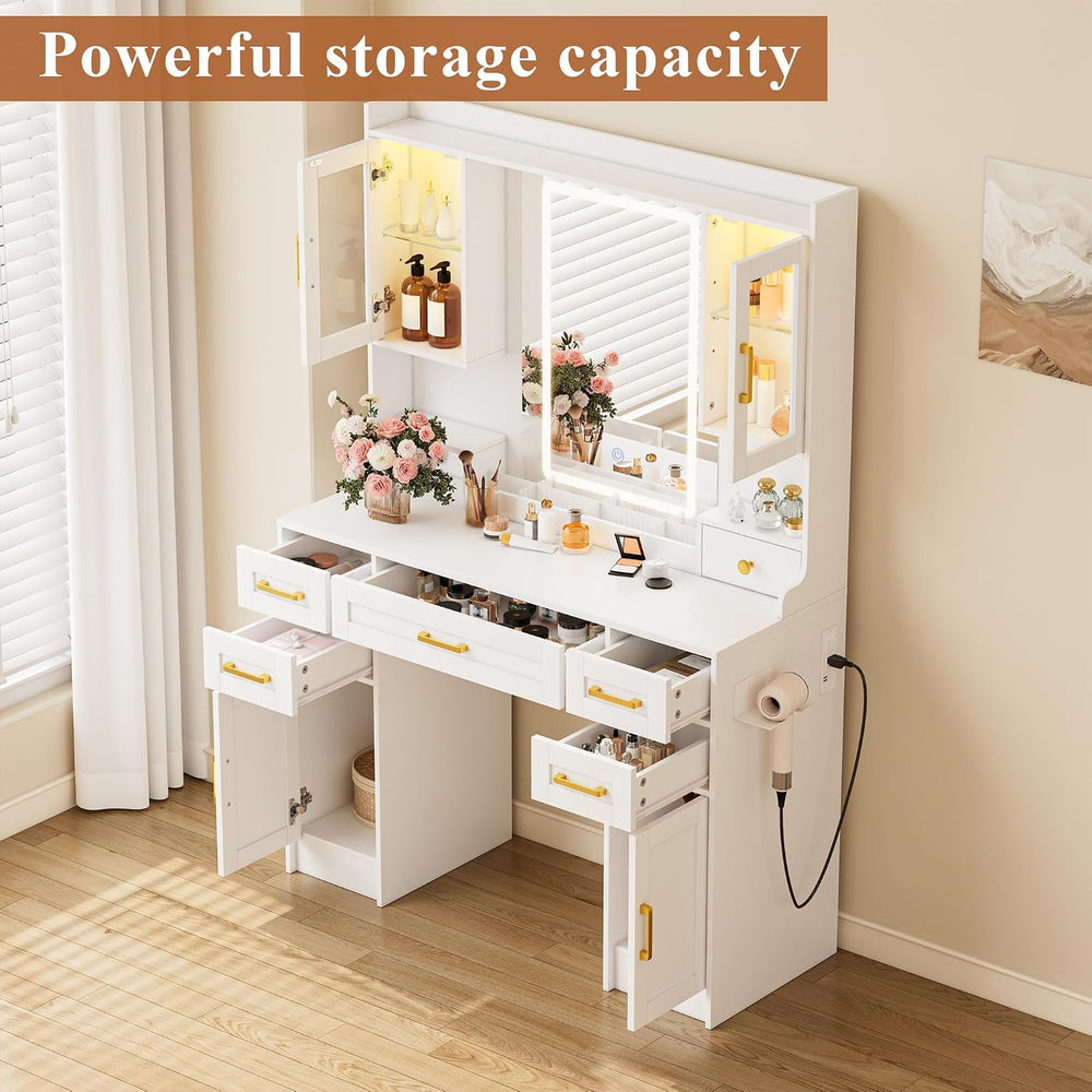 Vanity Table with Mirror and Lights, 5 Drawers, 2 Lighted Cabinets & 2 St...