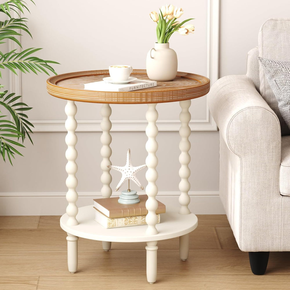 Function Home Round End Table, Farmhouse Side Table with Storage Shelf, 2 Tie...