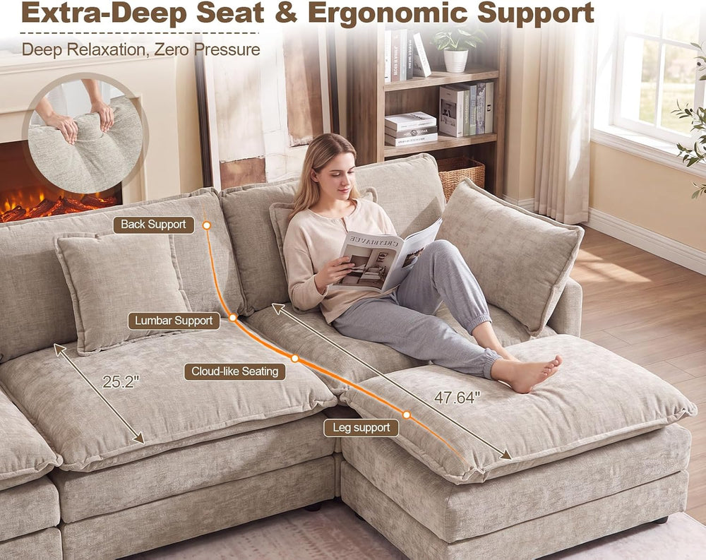 111.5” Modular Sectional Sofa, L Shaped Cloud Couch with Ottoman | Couches fo...
