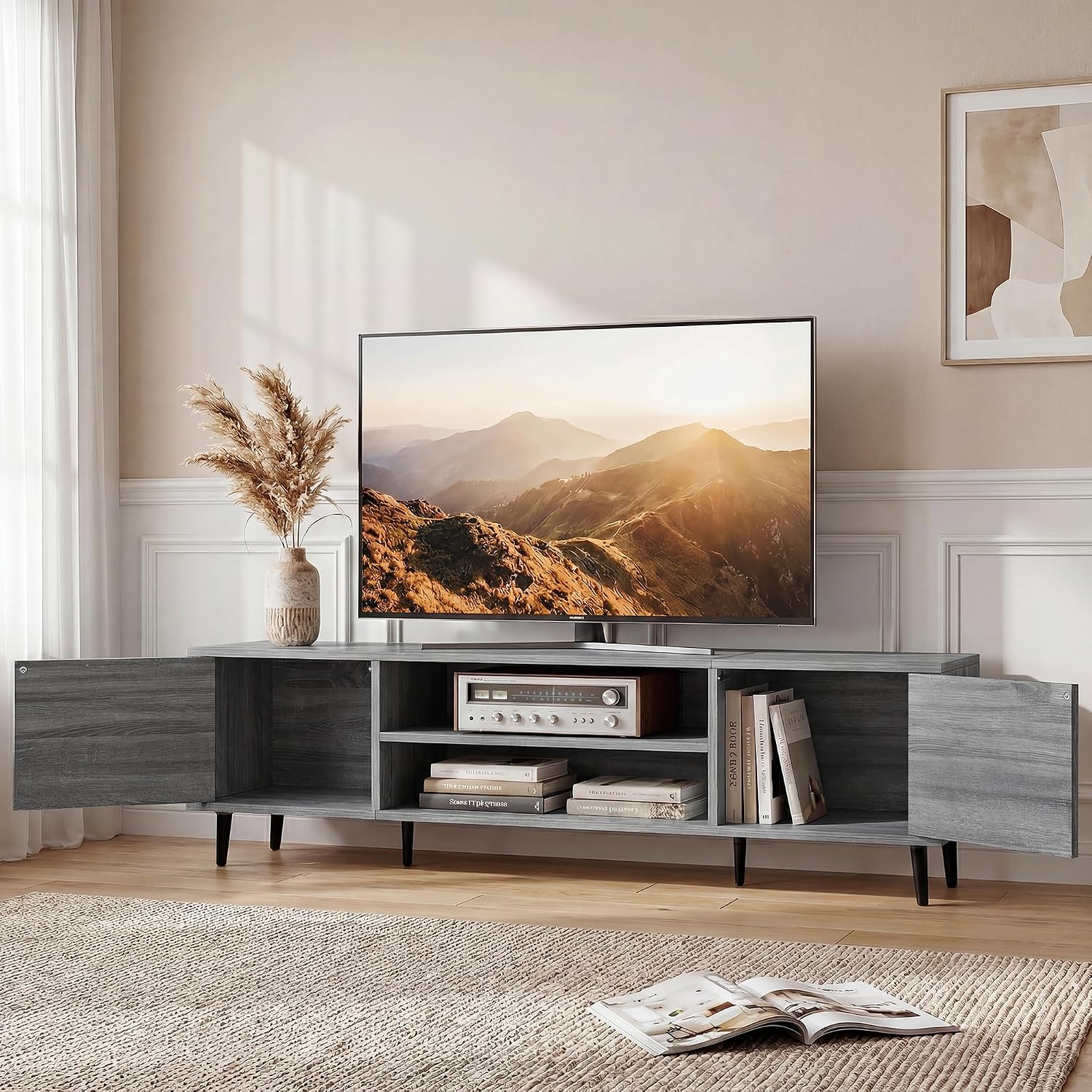 JUMMICO Mid-Century Modern TV Stand for 65-70 Inch TVs, 63 Inch Media Console with Storage, Entertainment Center with Push-Open Cabinets and Cable Management for Living Room (Grey, 63 Inches)
