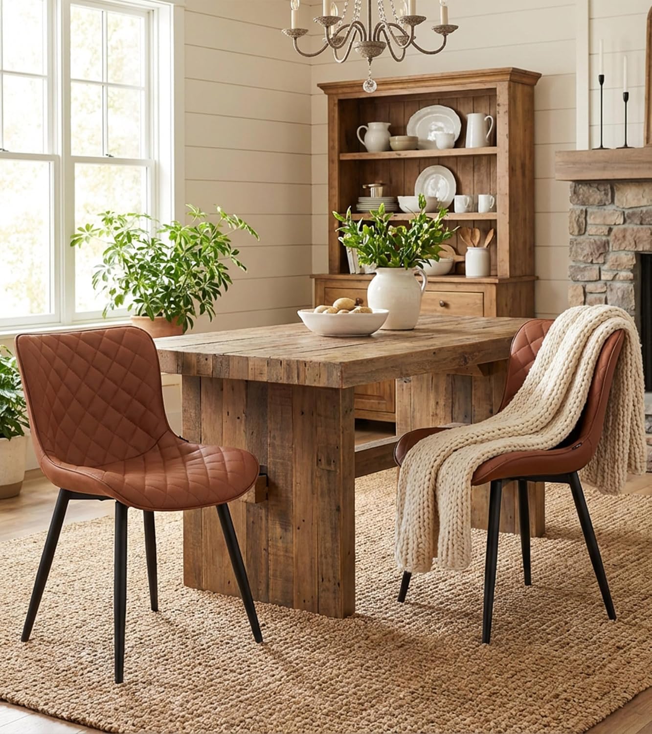 YOUTASTE Mid-Century Modern Dining Chairs Set of 2, Coffee Brown PU Leather Kitchen Accent Chair with Black Metal Legs, for Living Room, Guest Room, Waiting Area